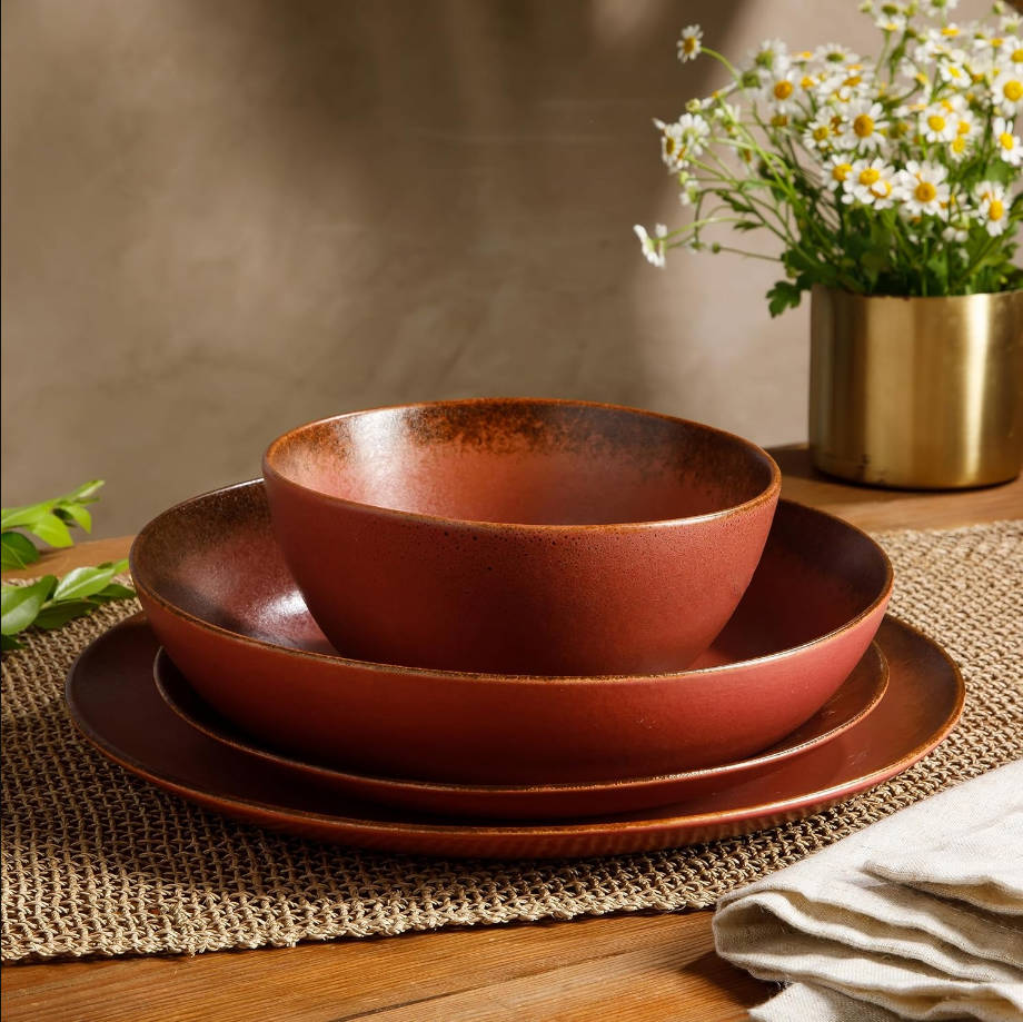 Santorini Mist Double Bowl Terracotta Reactive Glaze Plates and Bowls Dinnerware Set - Moonstone White, Service for Four (16pcs) rojo paprika