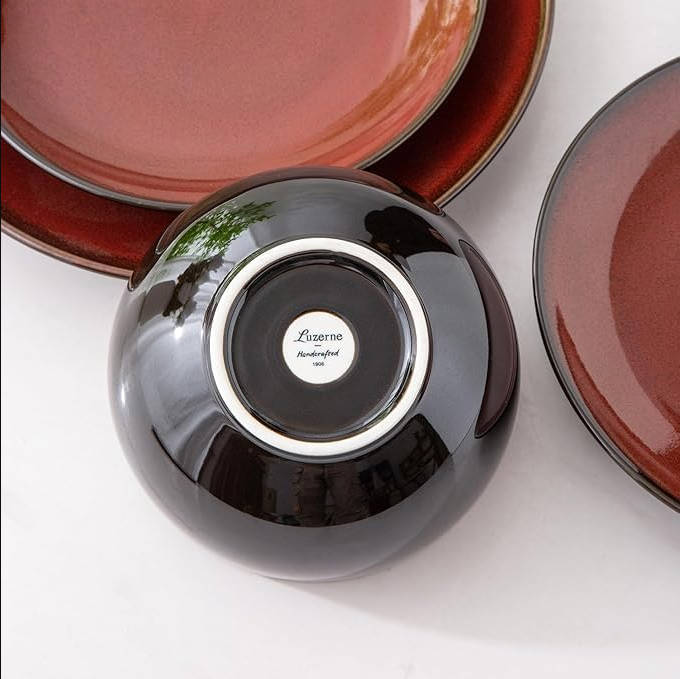 Ceramic Dinnerware Sets for 6,Plates and Bowls Sets,Handmade Reactive Glaze Dishes Set, Luz de luna de ensueño rojo