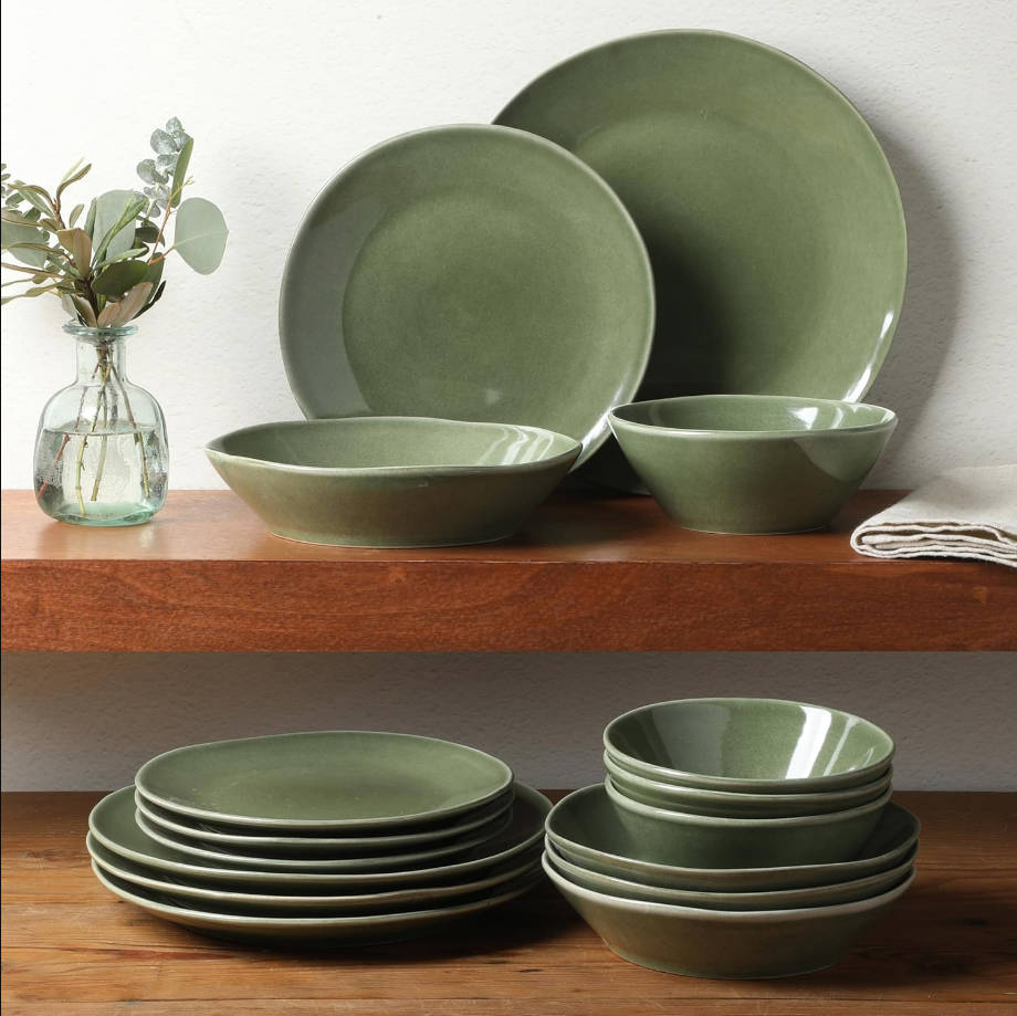 Santorini Mist Double Bowl Terracotta Reactive Glaze Plates and Bowls Dinnerware Set - Moonstone White, Service for Four (16pcs) Verde Chipre