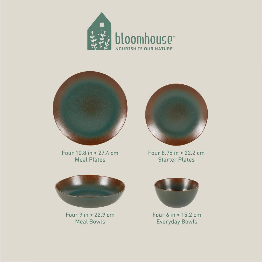 Santorini Mist Double Bowl Terracotta Reactive Glaze Plates and Bowls Dinnerware Set - Moonstone White, Service for Four (16pcs) 	Azul agave