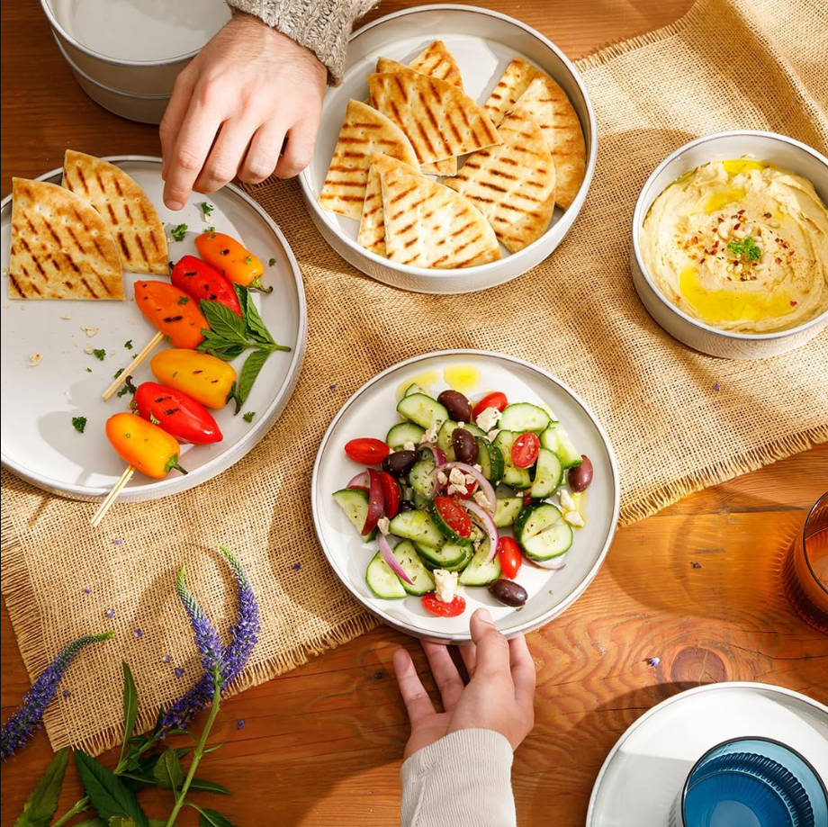 Santorini Mist Double Bowl Terracotta Reactive Glaze Plates and Bowls Dinnerware Set - Moonstone White, Service for Four (16pcs)