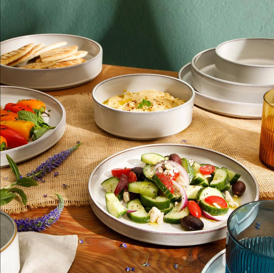 Santorini Mist Double Bowl Terracotta Reactive Glaze Plates and Bowls Dinnerware Set - Moonstone White, Service for Four (16pcs)