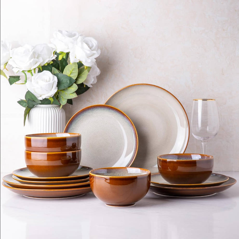 Ceramic Dinnerware Sets for 6,Plates and Bowls Sets,Handmade Reactive Glaze Dishes Set Luz de luna de ensueño Kahki