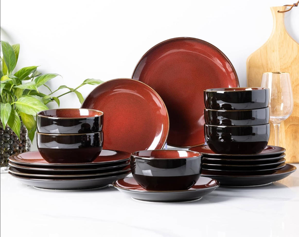 Ceramic Dinnerware Sets for 6,Plates and Bowls Sets,Handmade Reactive Glaze Dishes Set, Luz de luna de ensueño rojo