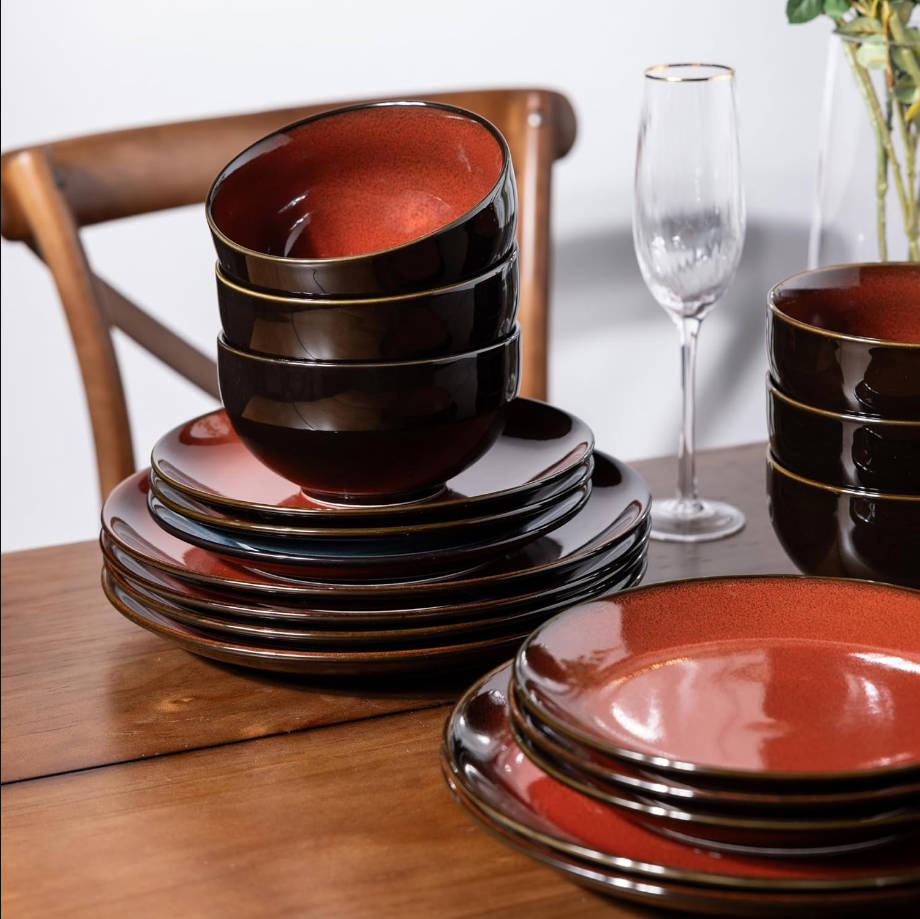 Ceramic Dinnerware Sets for 6,Plates and Bowls Sets,Handmade Reactive Glaze Dishes Set, Luz de luna de ensueño rojo