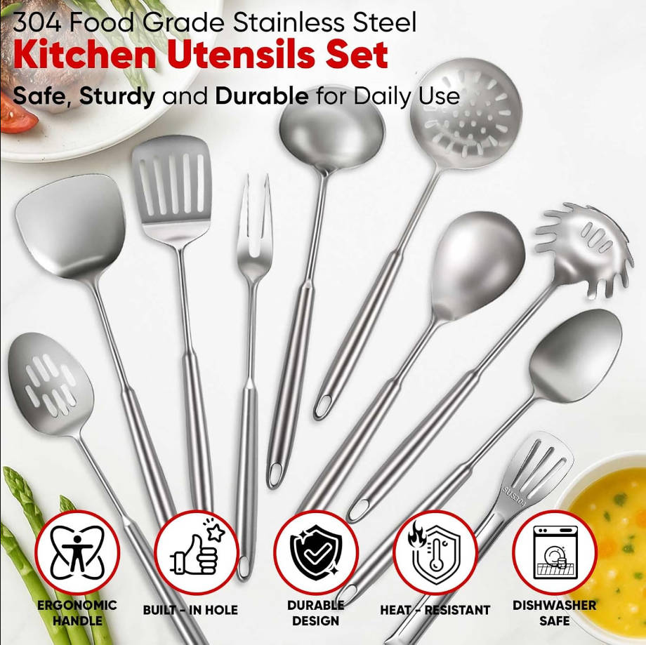 10 Pcs Cooking Utensils Set, 304 Stainless Steel Kitchen Utensils Set