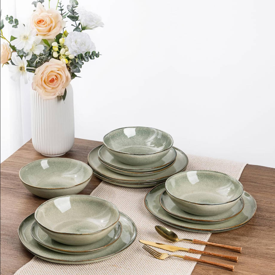 Ceramic Dinnerware Sets,Handmade Reactive Glaze Stoneware Plates and Bowls Set,Highly Scratch Resistant