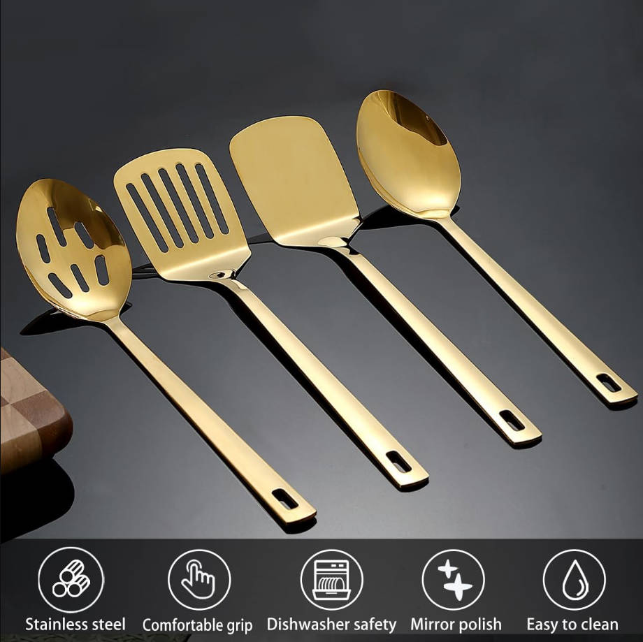 Gold Kitchen Utensils Set 4pcs, Titanium Gold Plating Stainless Steel Cooking Utensils Set