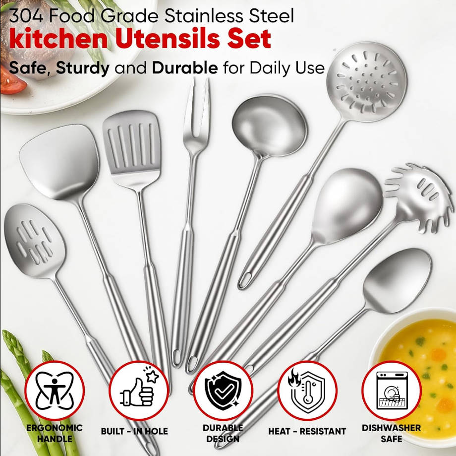 9 Pcs Cooking Utensils Set, 304 Stainless Steel Kitchen Utensils Set