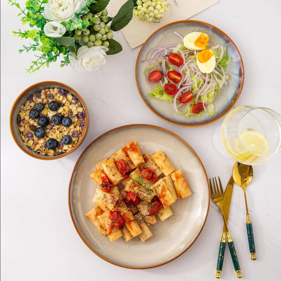 Ceramic Dinnerware Sets for 6,Plates and Bowls Sets,Handmade Reactive Glaze Dishes Set Luz de luna de ensueño Kahki