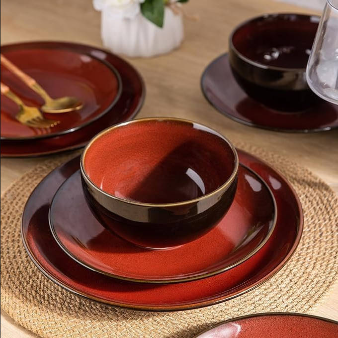 Ceramic Dinnerware Sets for 6,Plates and Bowls Sets,Handmade Reactive Glaze Dishes Set, Luz de luna de ensueño rojo