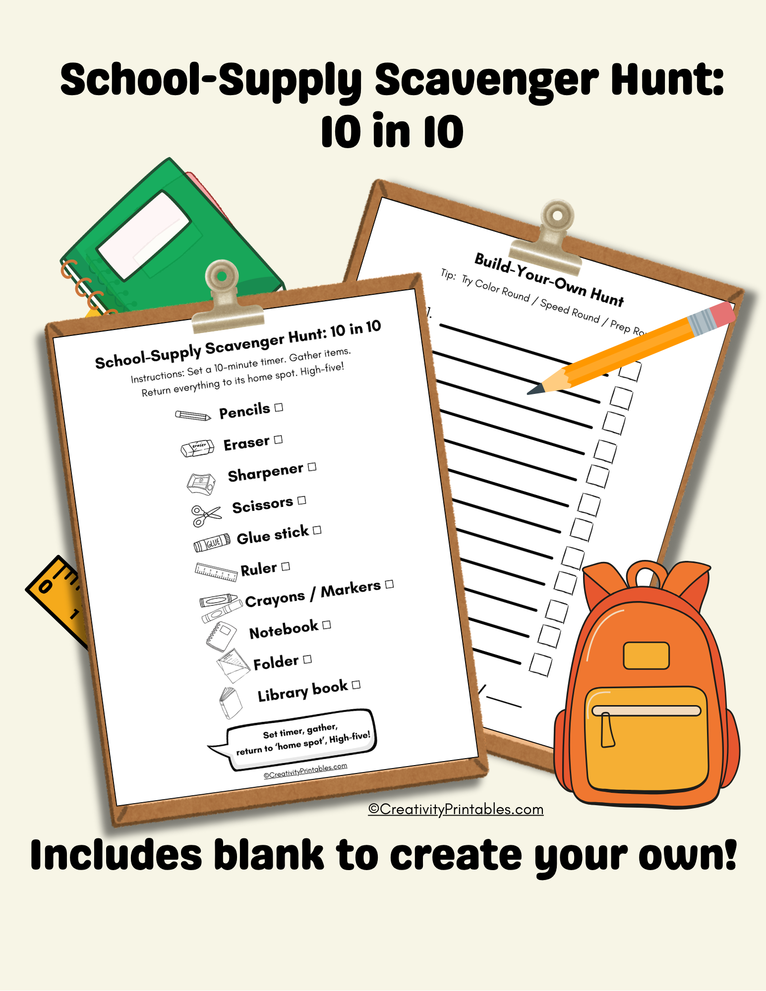 School-Supply Scavenger Hunt: 10 in 10 (Free Printable)