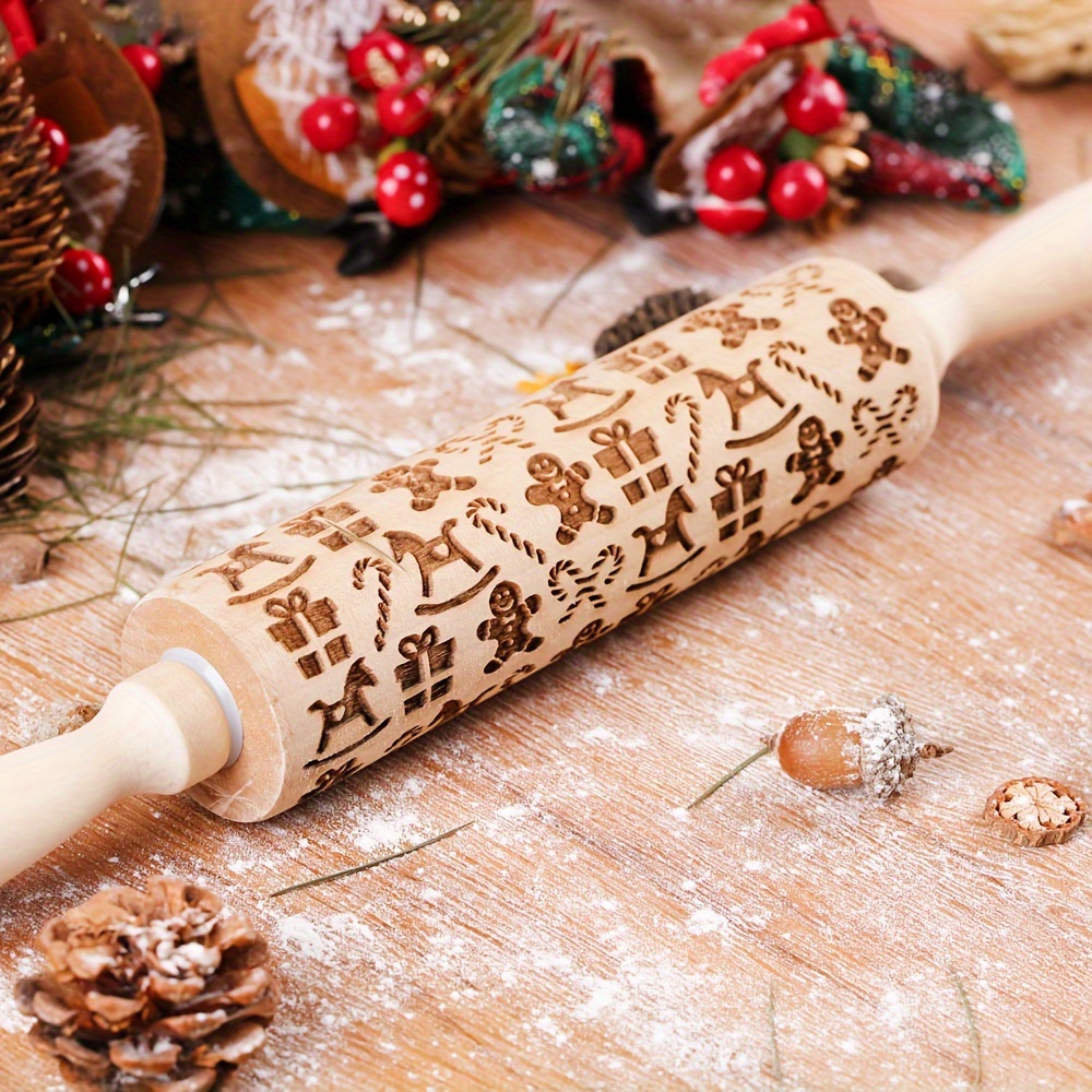 Festive 13.7-inch Wooden Christmas Rolling Pin: Perfect for Gingerbread Men, Rocking Horses, Candy Canes, and Gift Boxes - Ideal for Holiday Baking and Party Decorations