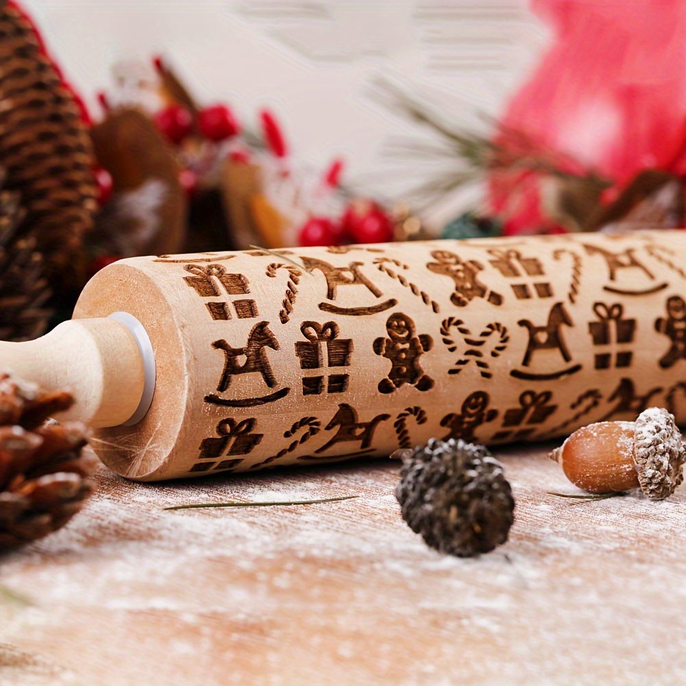 Festive 13.7-inch Wooden Christmas Rolling Pin: Perfect for Gingerbread Men, Rocking Horses, Candy Canes, and Gift Boxes - Ideal for Holiday Baking and Party Decorations