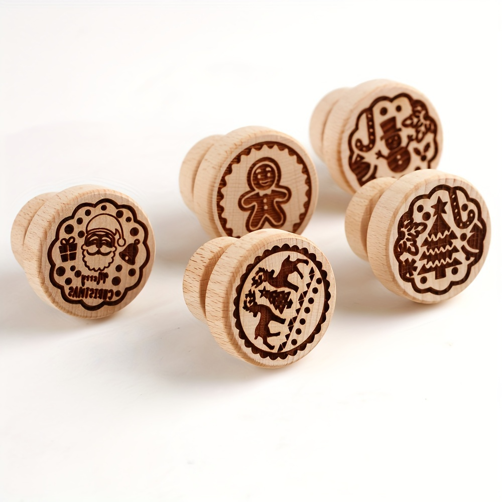 5Pcs Wooden Christmas Biscuit Embossing Stamp, Christmas Deer, Snowman, Santa Claus, Christmas Tree, Gingerbread Man, Walking Cane, Bell Biscuit Printing Mold, Clay Printing Stamp, Suitable for Christmas Party Biscuit Embossing
