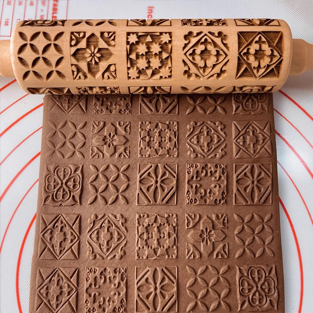 1pc Festive Rolling Pin - Reindeer & Lattice Patterns - Premium Wooden 3D Cookie Mold - Laser Engraved DIY Baking Tool for Charming Biscuits, Fondant Cakes & Dough Artistry