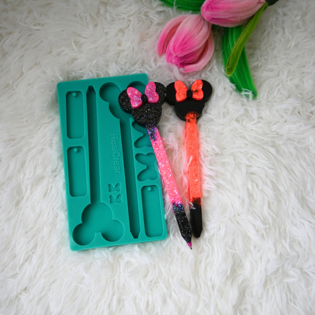 Silicone Epoxy Resin Mold — Mouse Ears Pen Topper Set with Bow, Pen Barrel & Tags — Multi-Cavity Mold for DIY Resin Pens