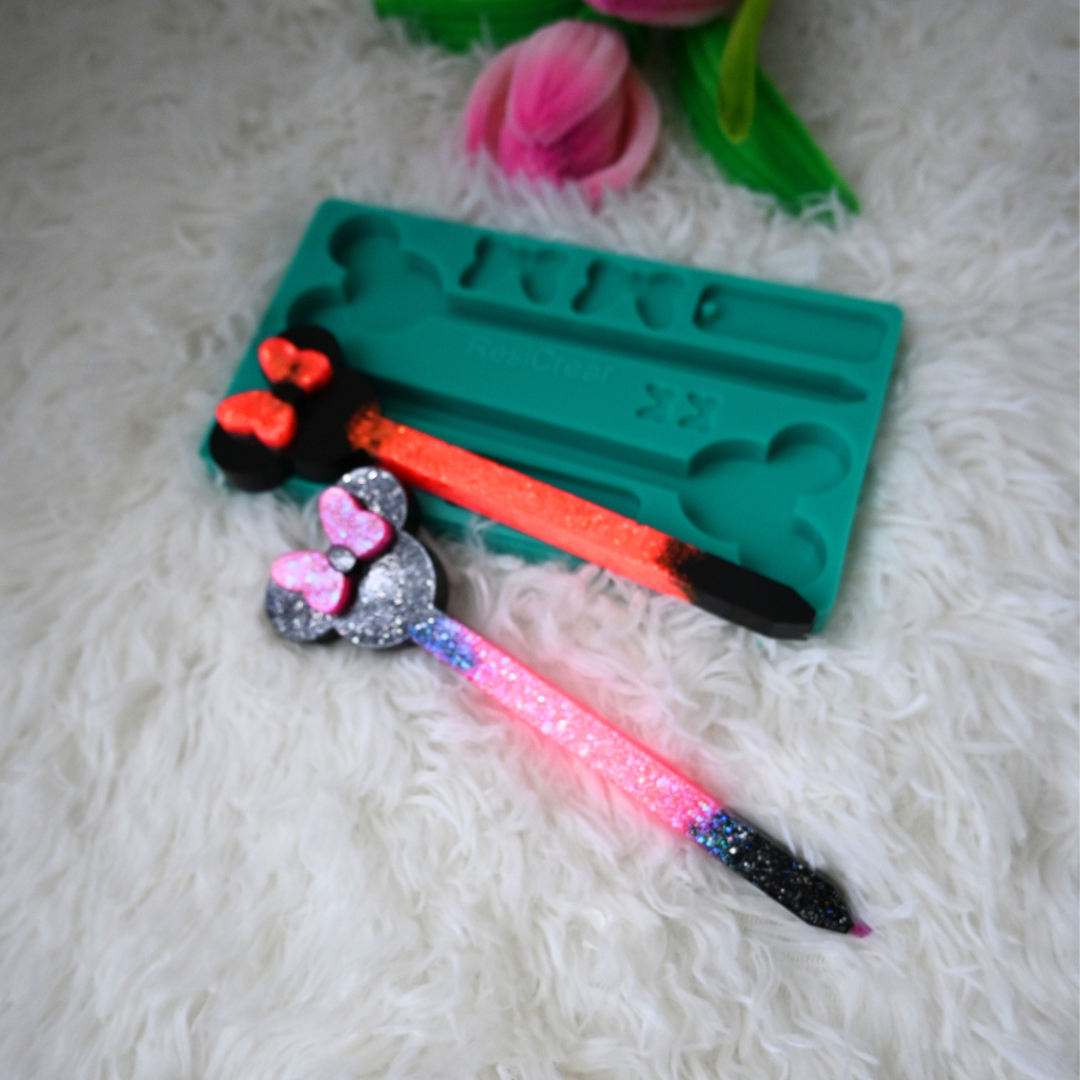 Silicone Epoxy Resin Mold — Mouse Ears Pen Topper Set with Bow, Pen Barrel & Tags — Multi-Cavity Mold for DIY Resin Pens