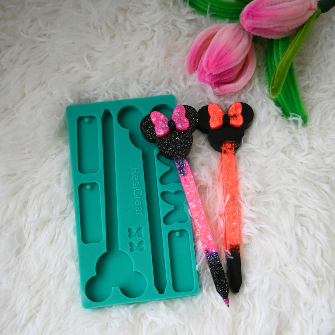 Silicone Epoxy Resin Mold — Mouse Ears Pen Topper Set with Bow, Pen Barrel & Tags — Multi-Cavity Mold for DIY Resin Pens