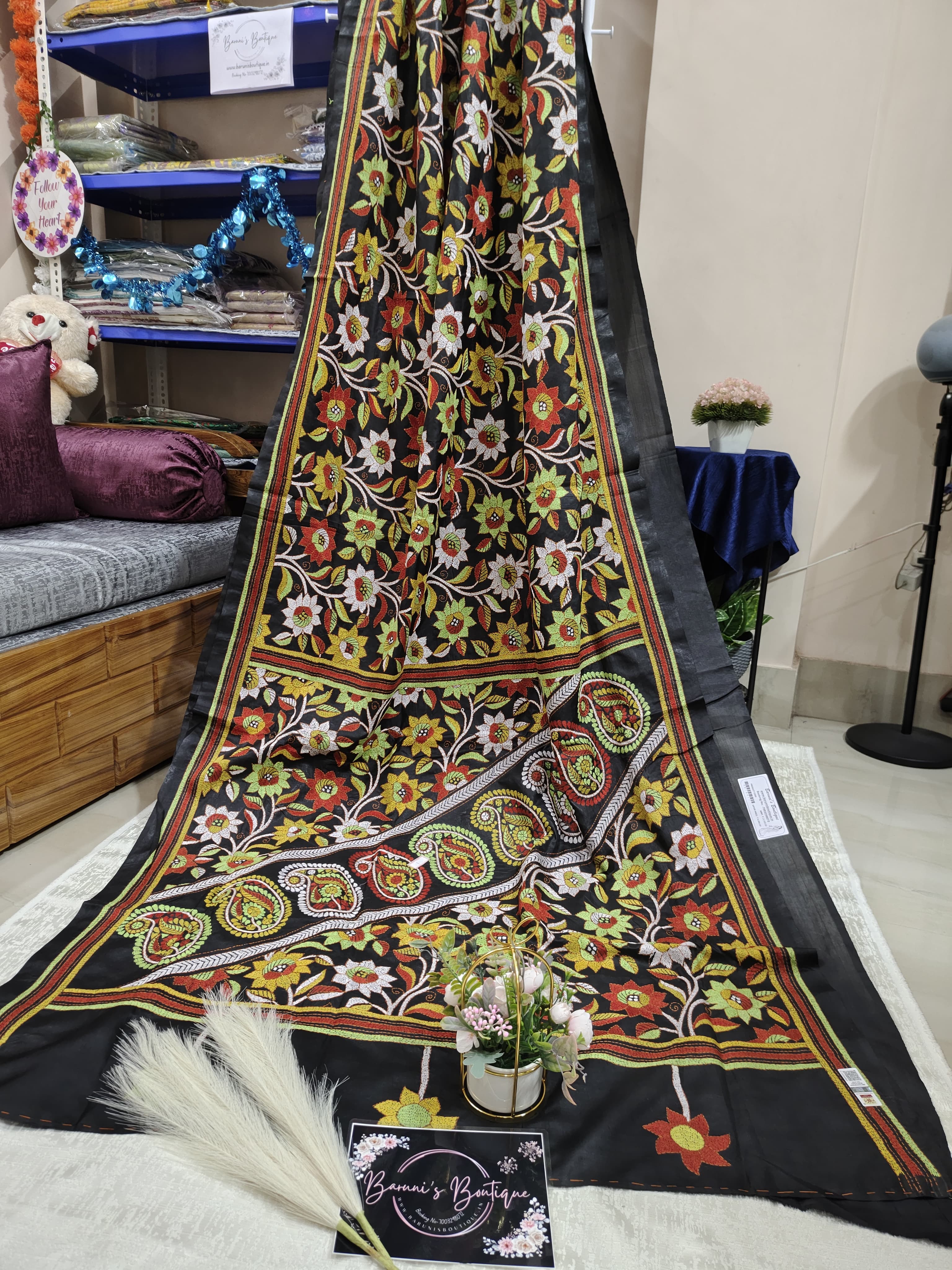 Kantha stitch (Allover Floral) on Pure Bangalore Silk (With Silk Mark)