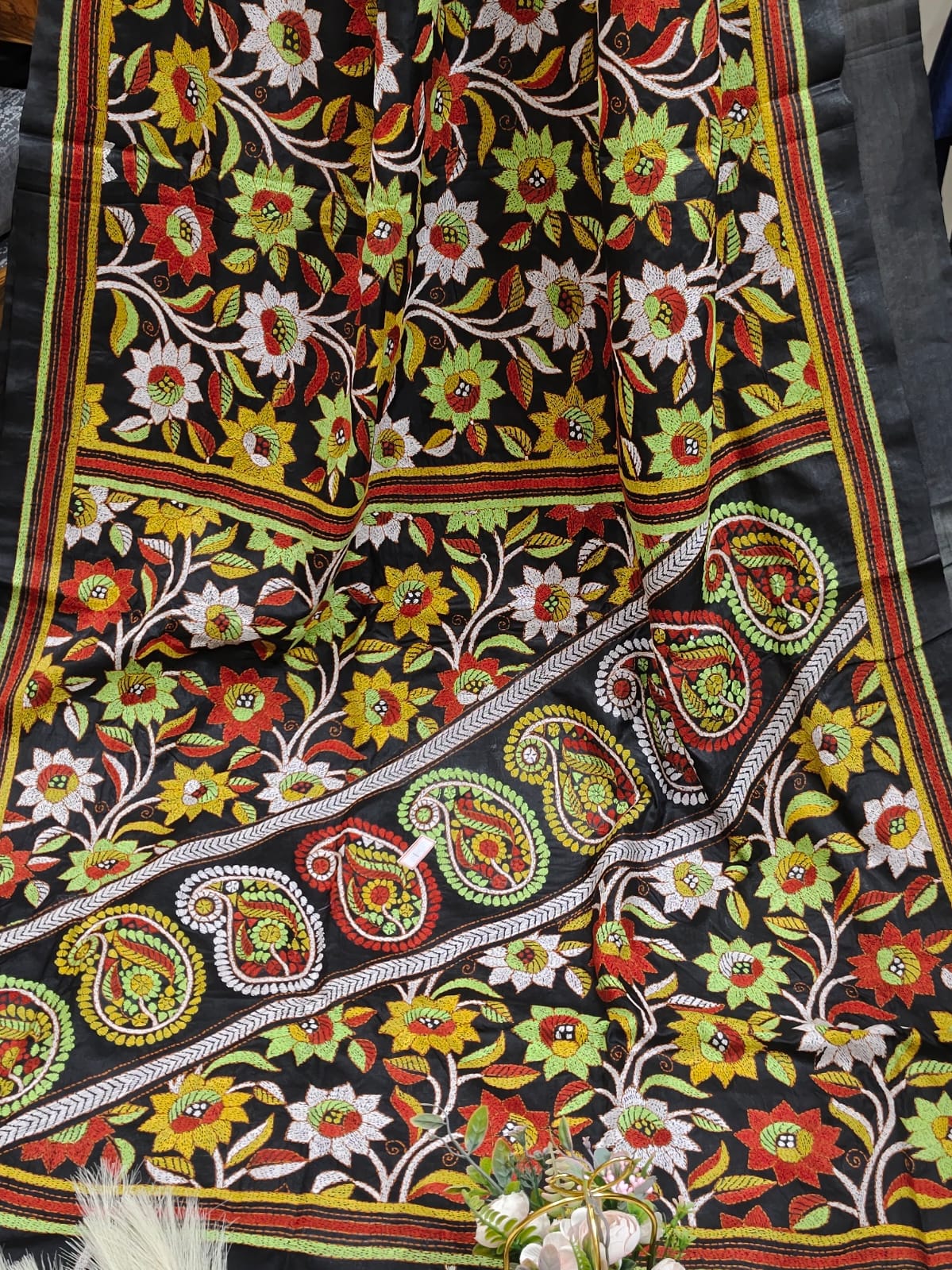 Kantha stitch (Allover Floral) on Pure Bangalore Silk (With Silk Mark)