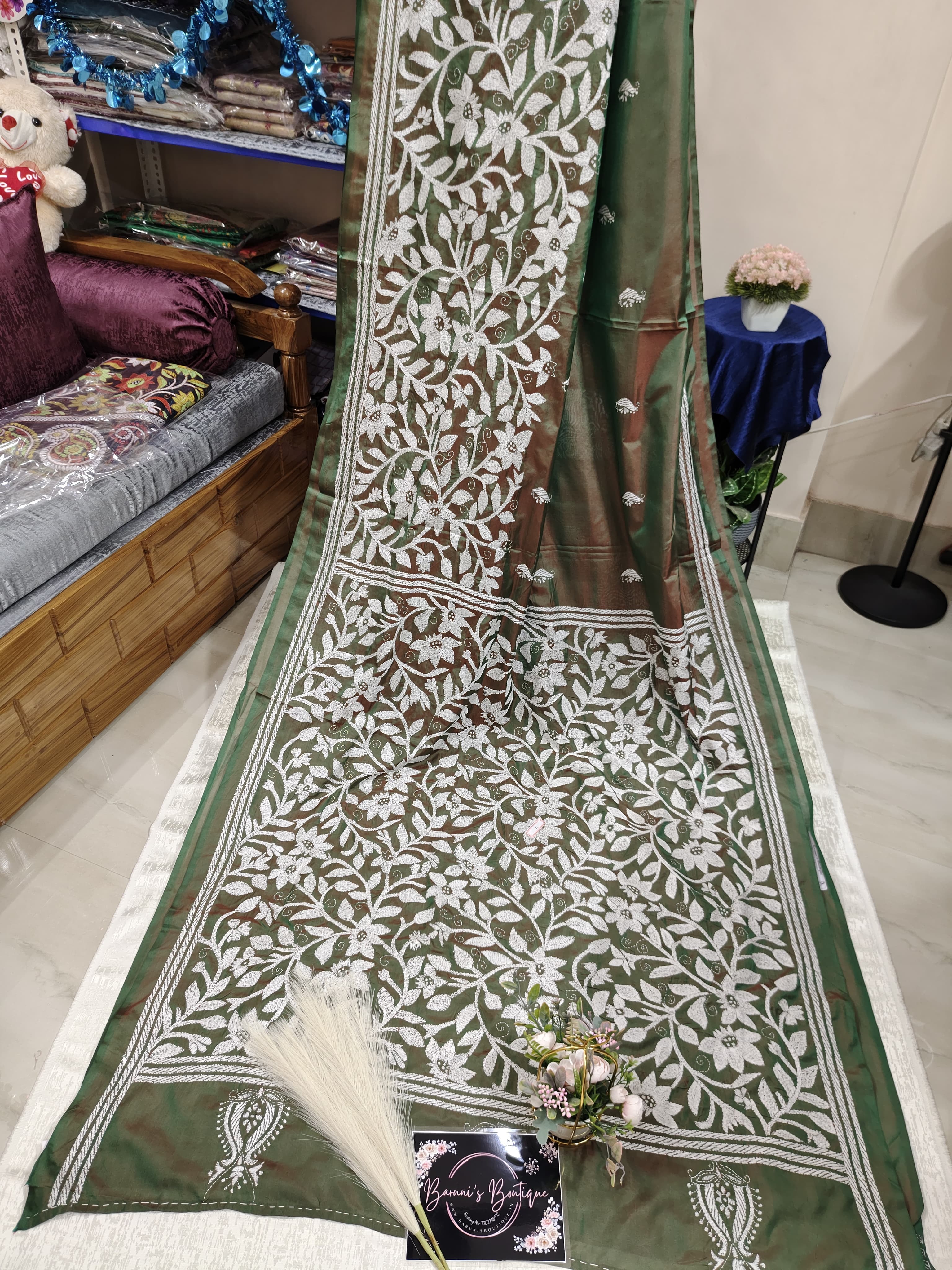 Kantha stitch (Allover Floral) on Blended Bangalore Silk