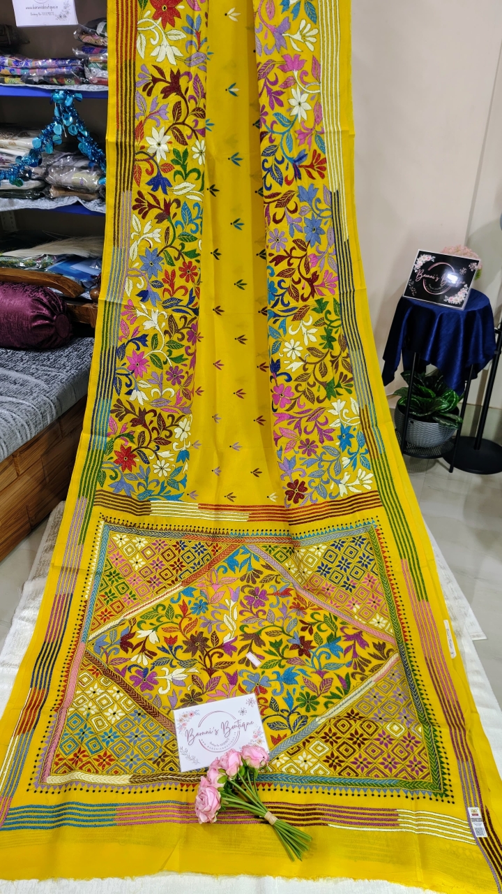 Kantha stitch (Allover Floral) on Pure Bangalore Silk (With Silk Mark)