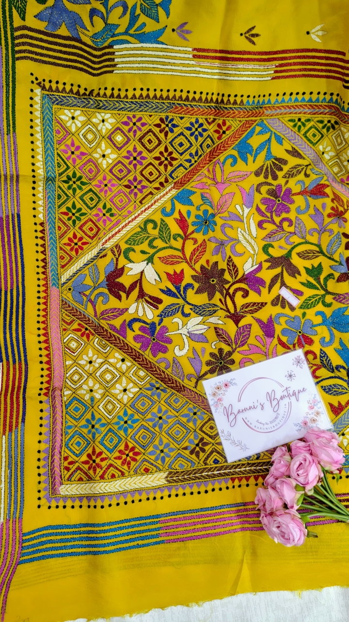 Kantha stitch (Allover Floral) on Pure Bangalore Silk (With Silk Mark)