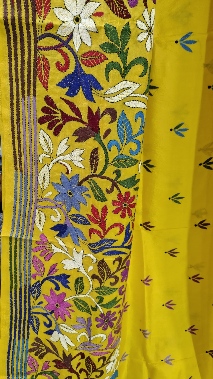 Kantha stitch (Allover Floral) on Pure Bangalore Silk (With Silk Mark)