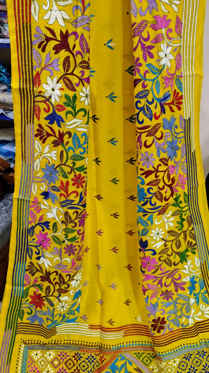 Kantha stitch (Allover Floral) on Pure Bangalore Silk (With Silk Mark)