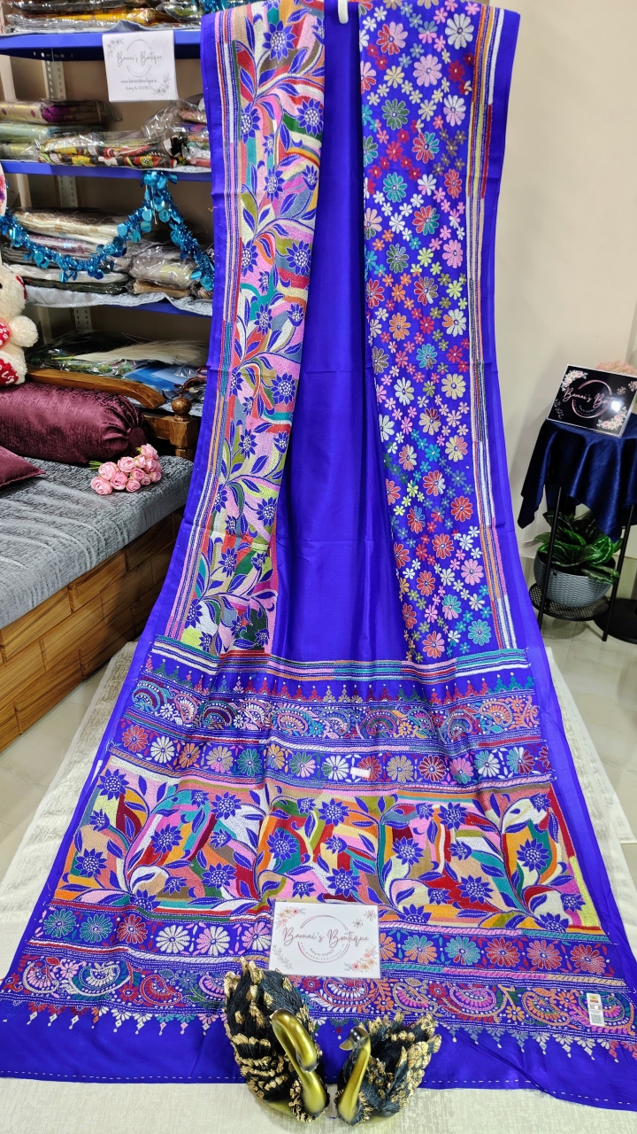 Kantha stitch (Allover Floral) on Pure Bangalore Silk (With Silk Mark)