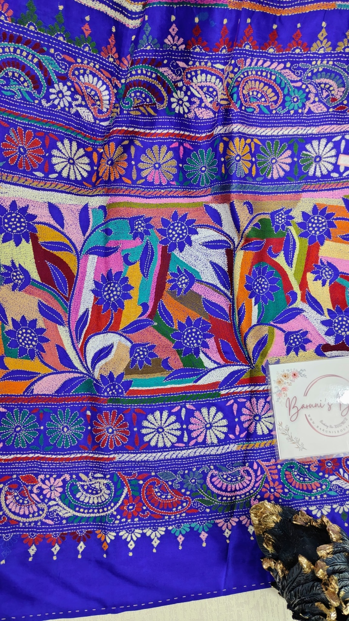 Kantha stitch (Allover Floral) on Pure Bangalore Silk (With Silk Mark)
