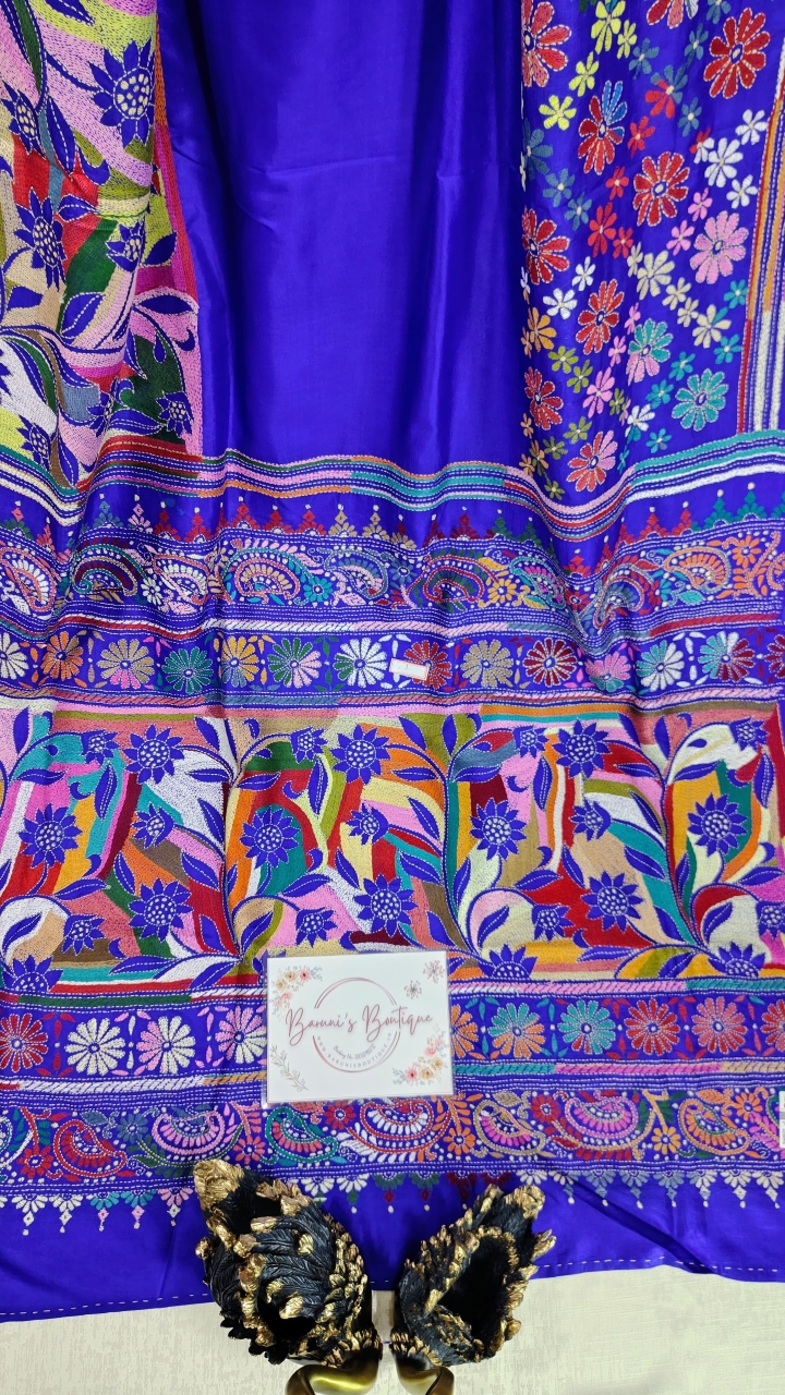 Kantha stitch (Allover Floral) on Pure Bangalore Silk (With Silk Mark)