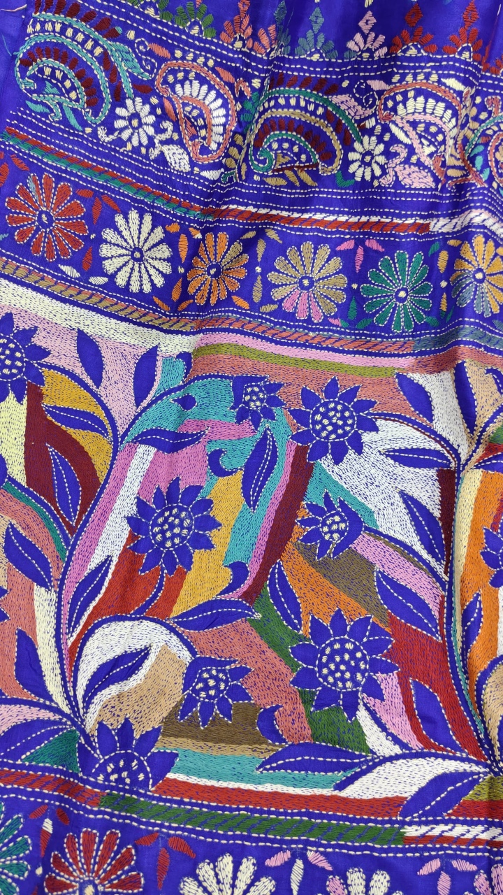Kantha stitch (Allover Floral) on Pure Bangalore Silk (With Silk Mark)