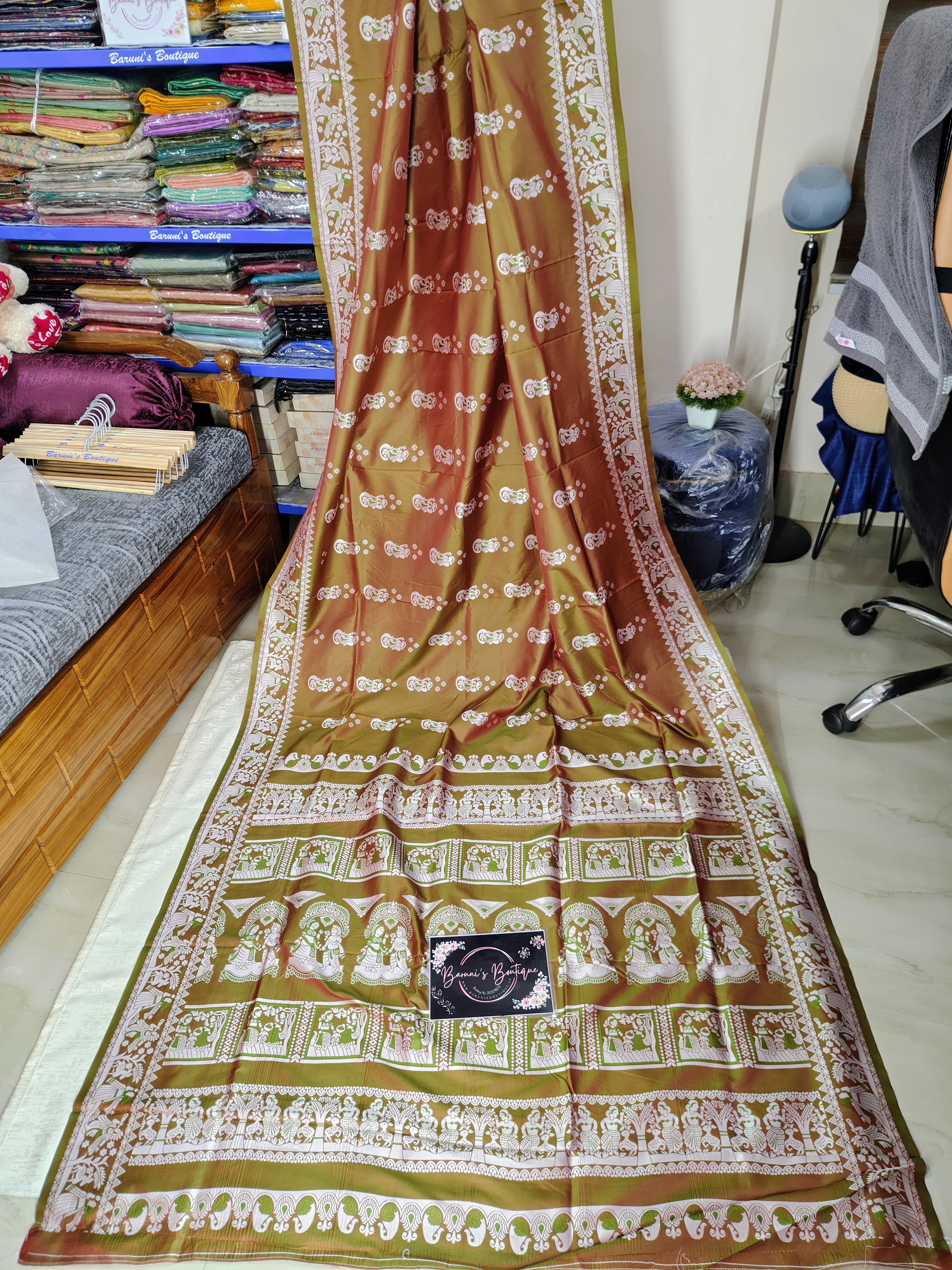 Baluchori Semi Silk Saree (Green Orange