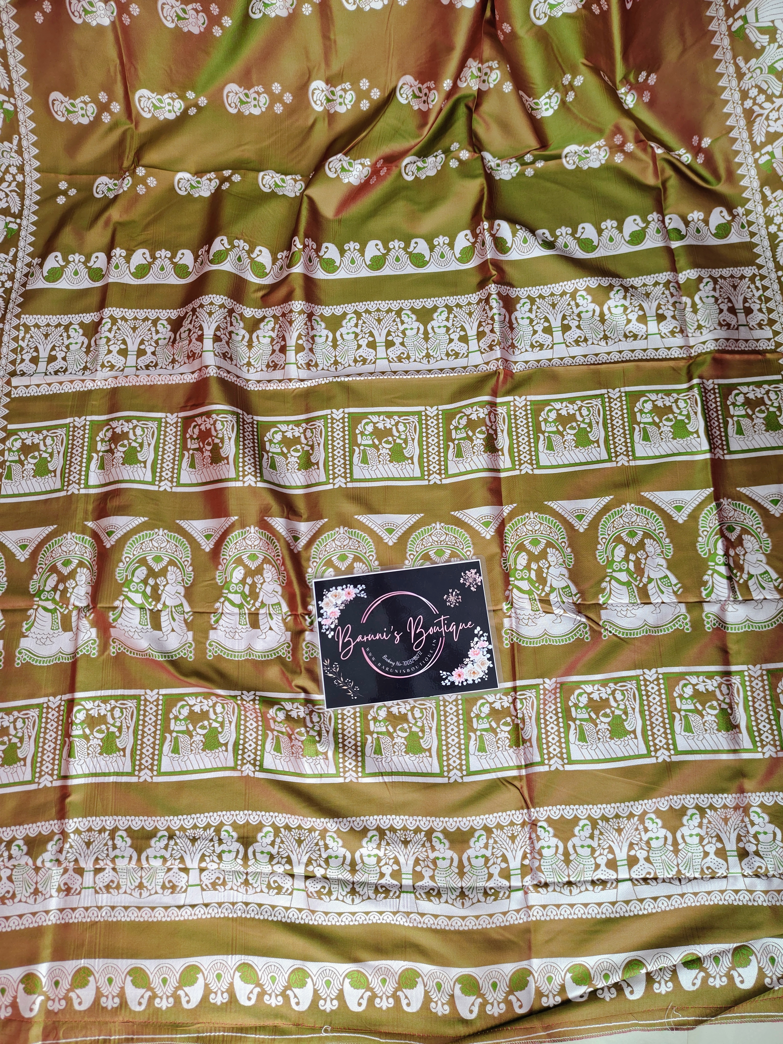 Baluchori Semi Silk Saree (Green Orange