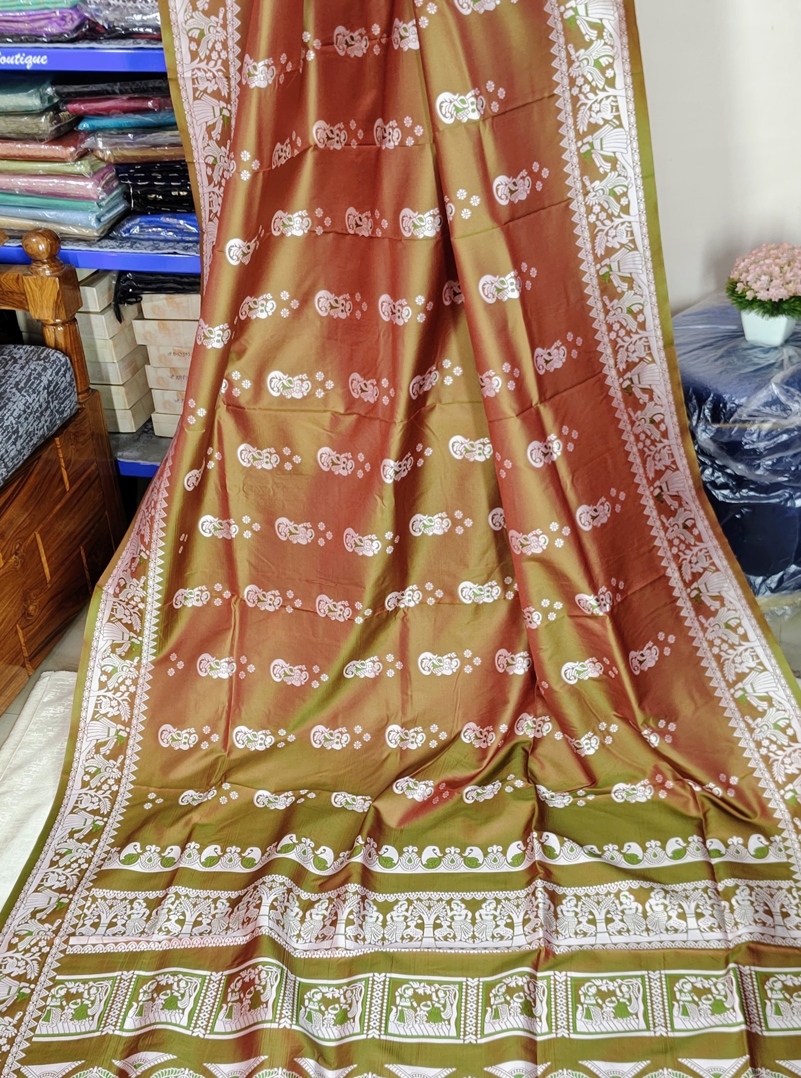 Baluchori Semi Silk Saree (Green Orange