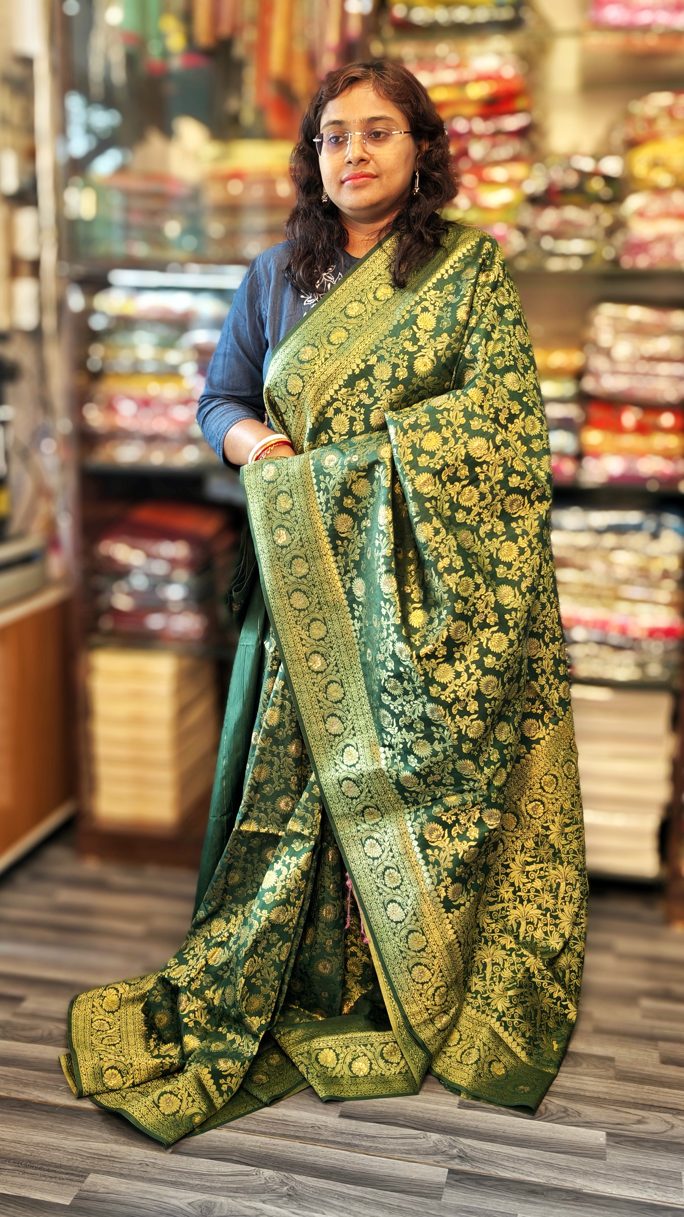 Green Khaddi Silk Saree WIth Golden Zari