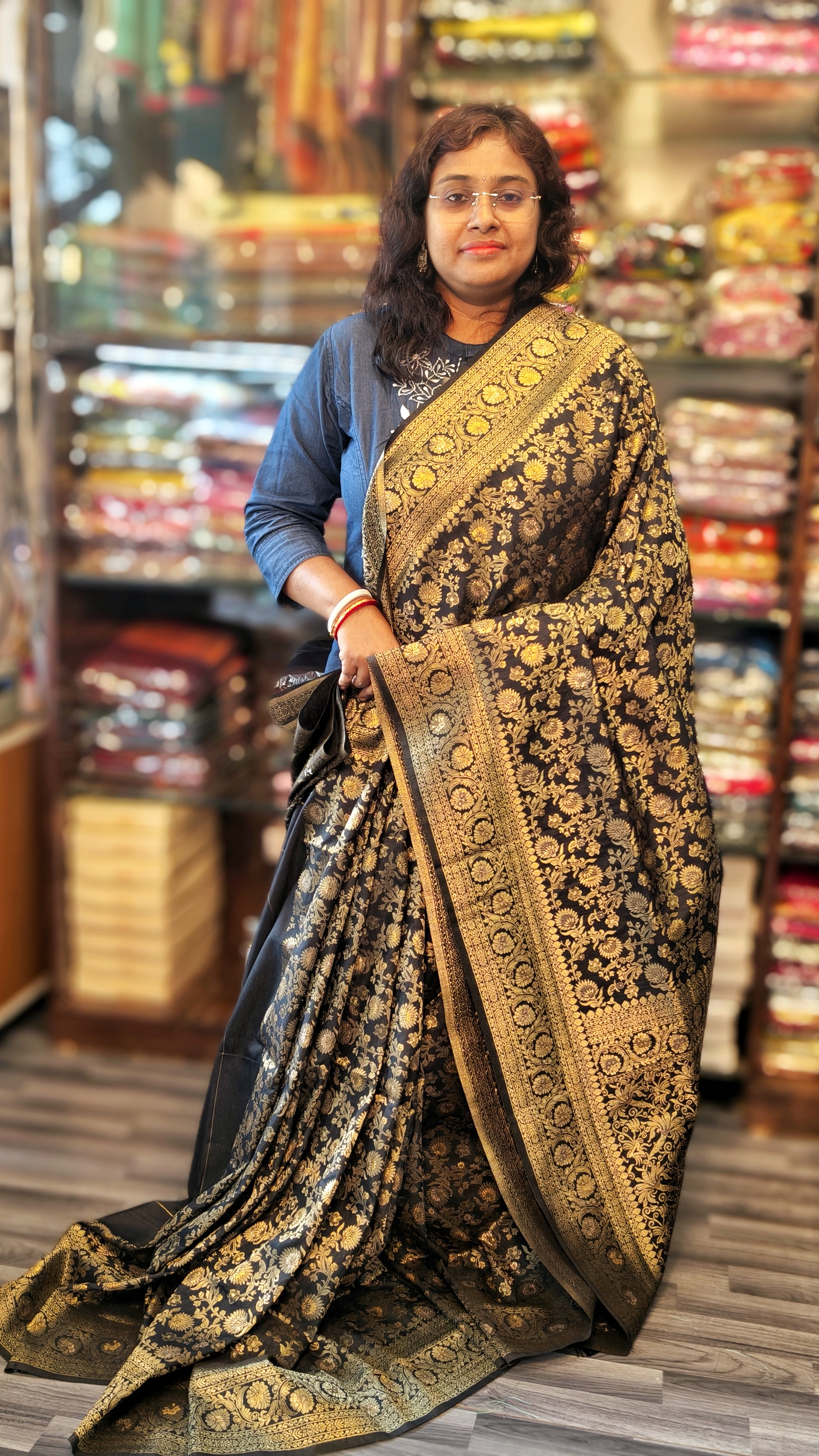 Elegant Black and Gold Rolex Khaddi Silk Saree