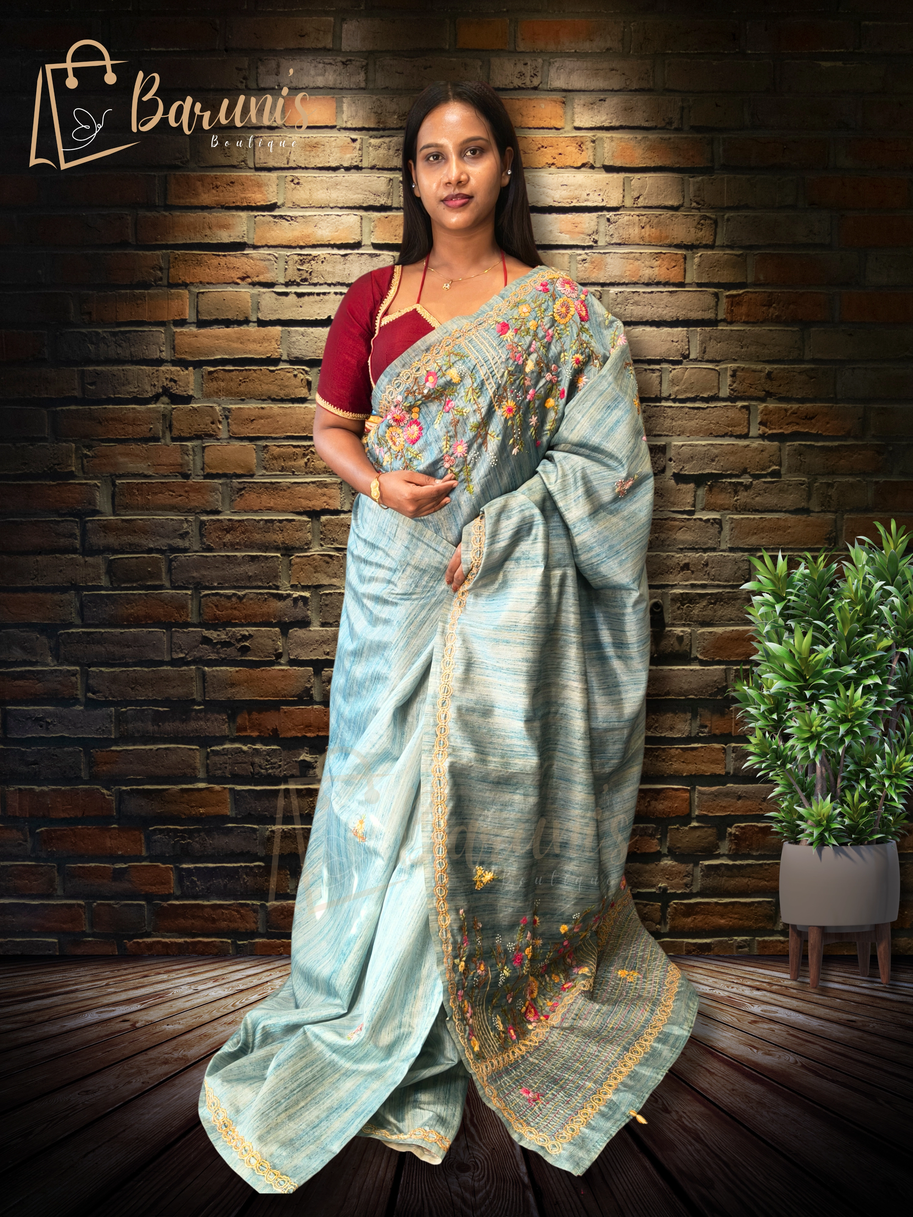 Premium Semi-Tussar Saree with Bullion & Geeth Handwork — Elegant Nougauge Border