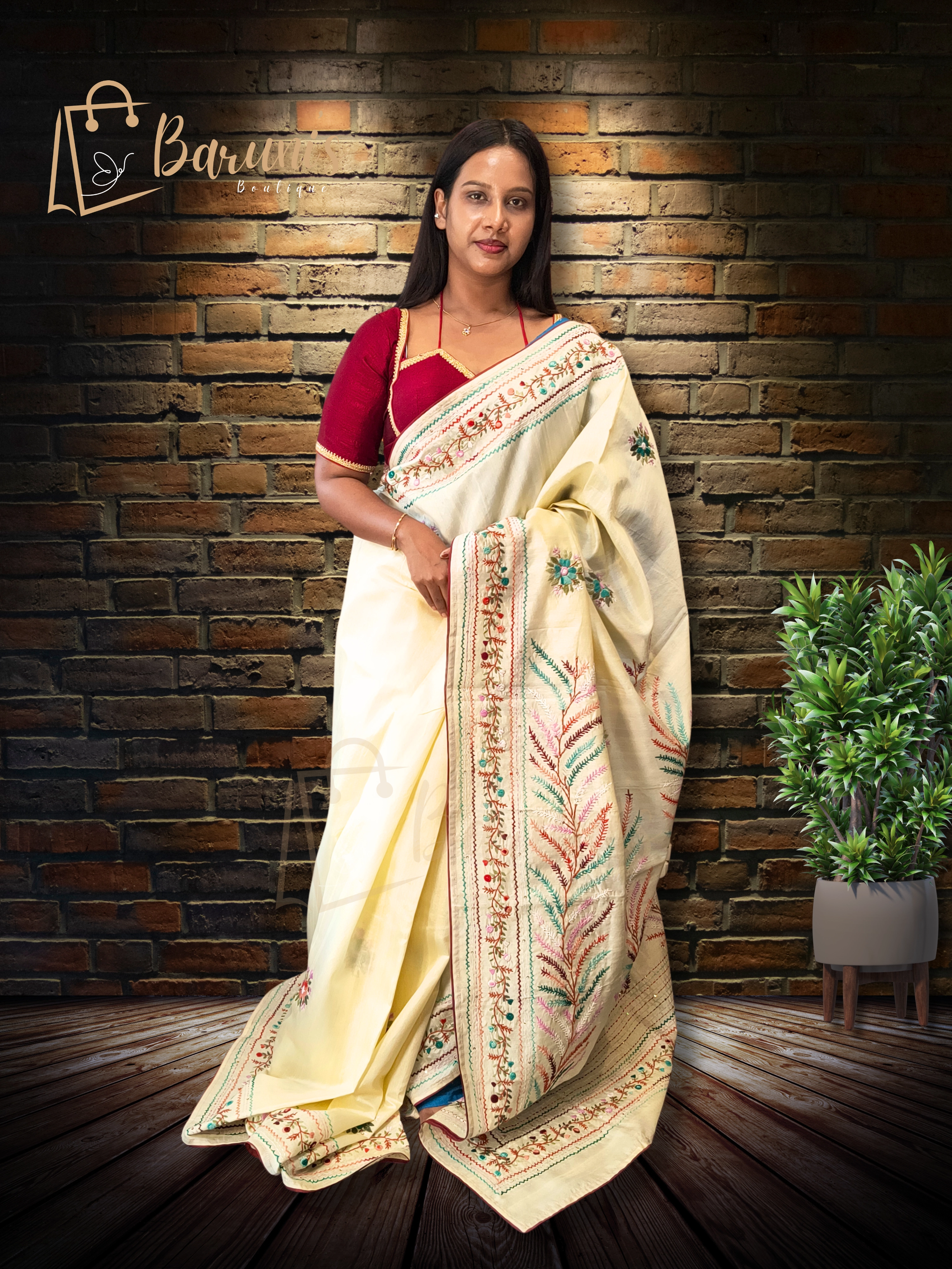 Premium Handwork Bullion French Knot & Nougauge Border Half Tussore Silk Saree.