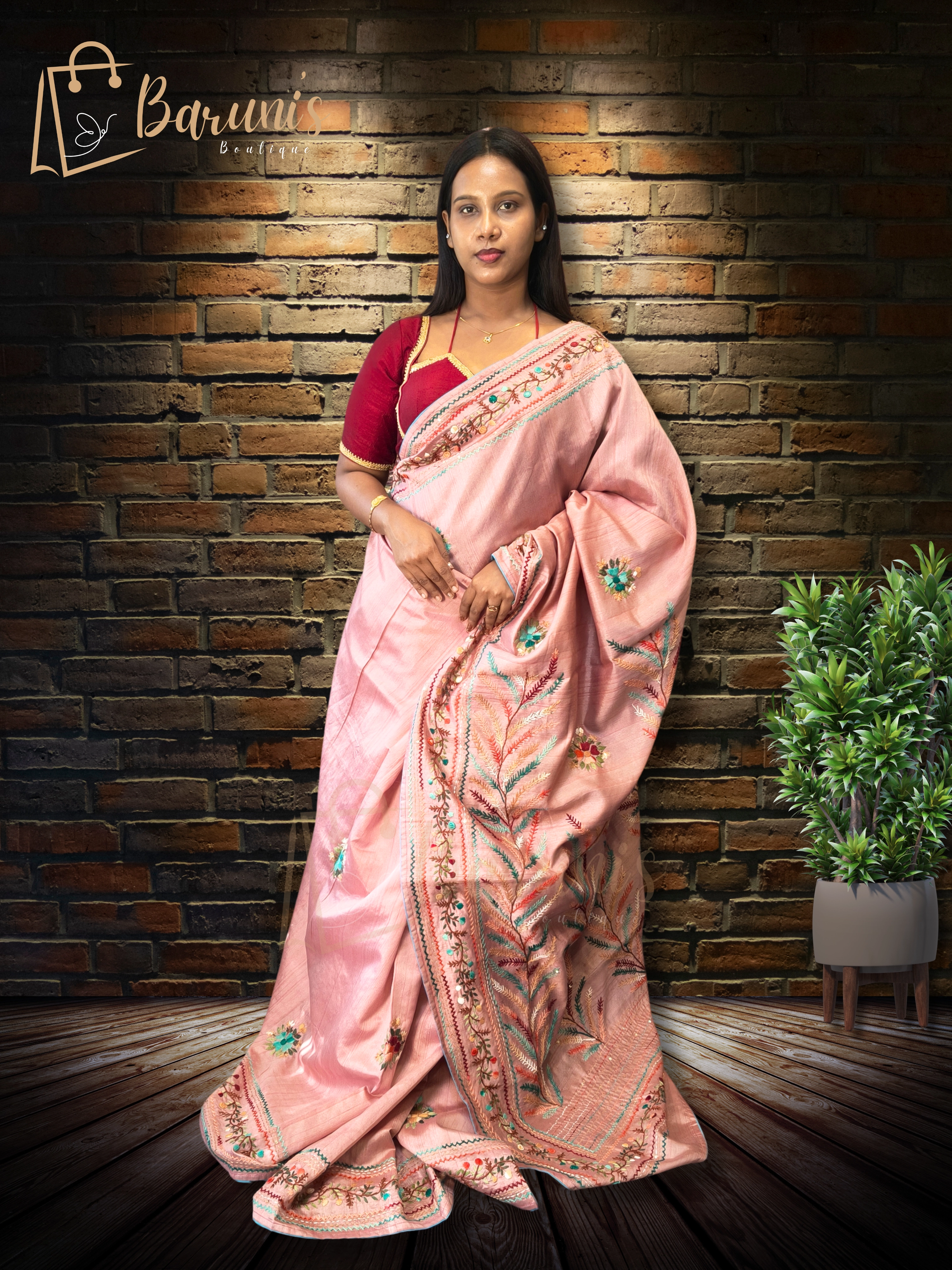 Premium Handwork Bullion French Knot & Nougauge Border Half Tussore Silk Saree.