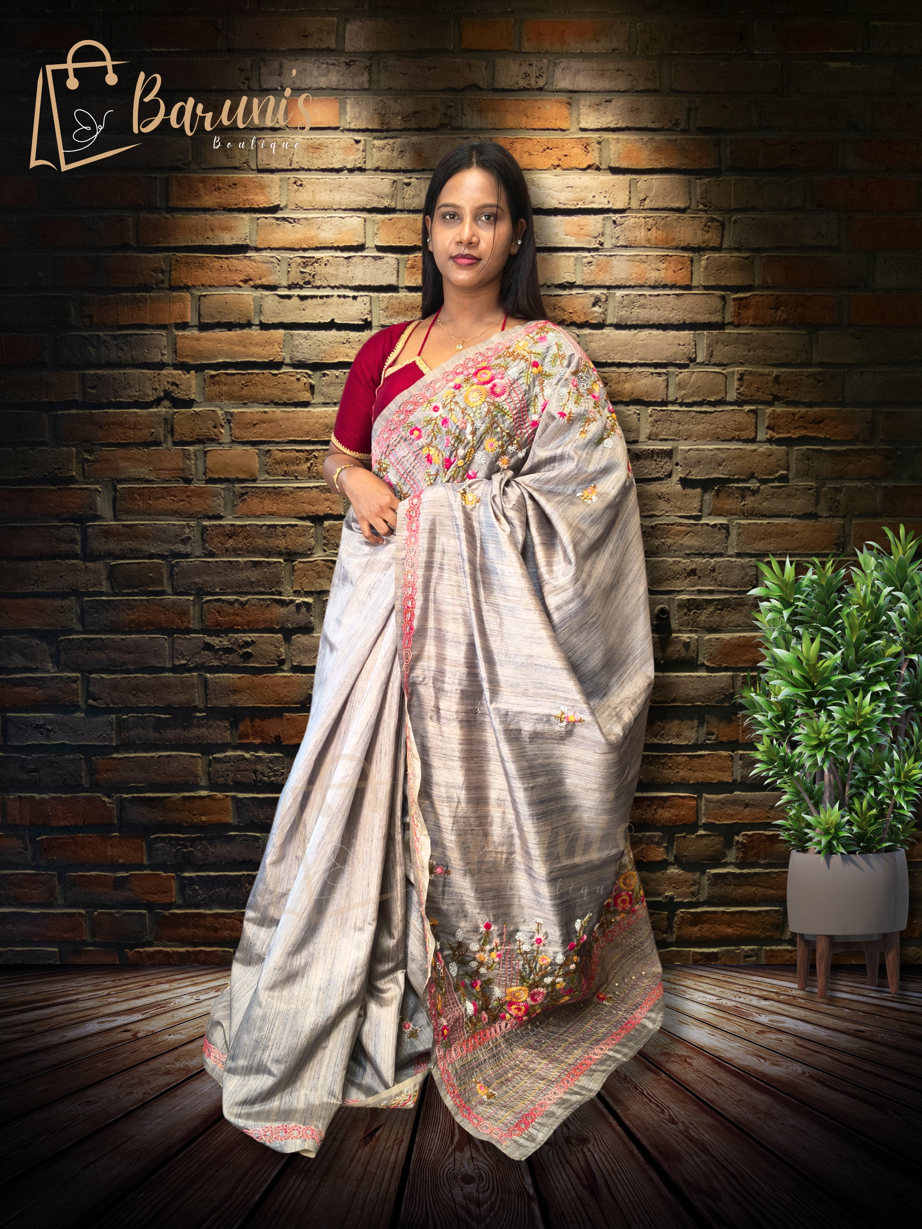 Premium Hand work bulian & geeth work & nougauge border stitch on semi tussar