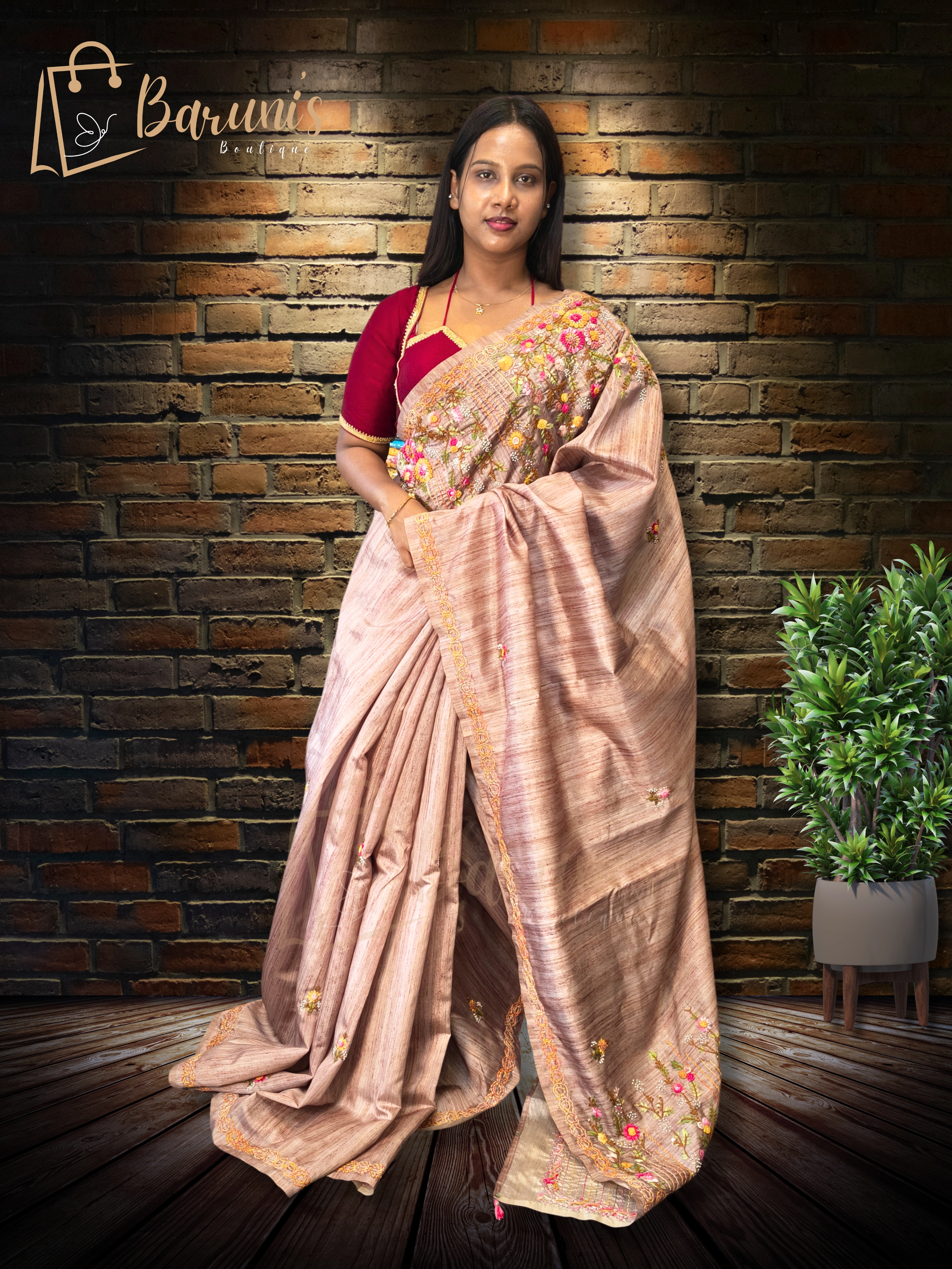 Premium Semi-Tussar Saree with Bullion & Geeth Handwork — Elegant Nougauge Border