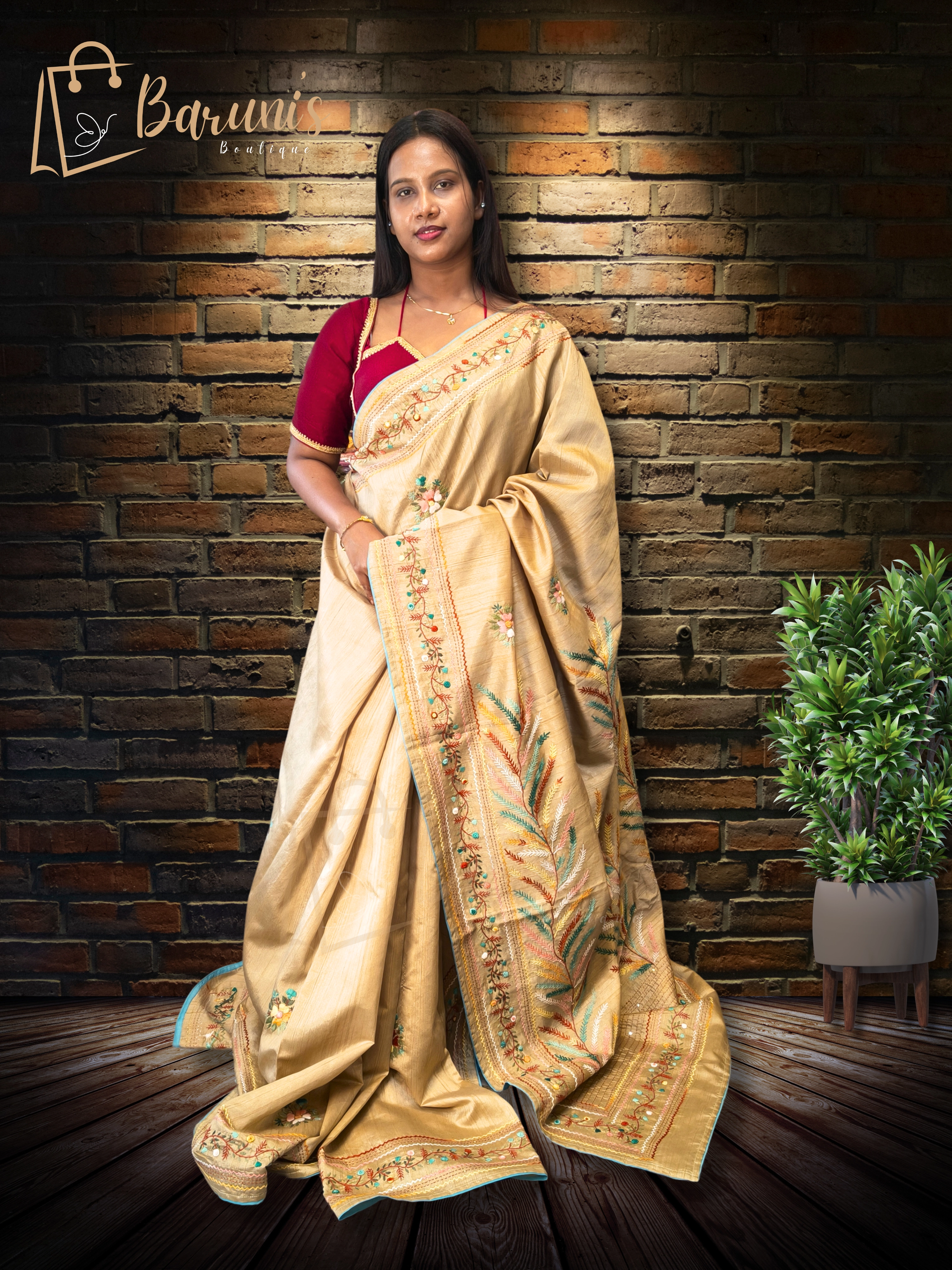 Premium Handwork Bullion French knot & nougauge border on half tussore silk saree