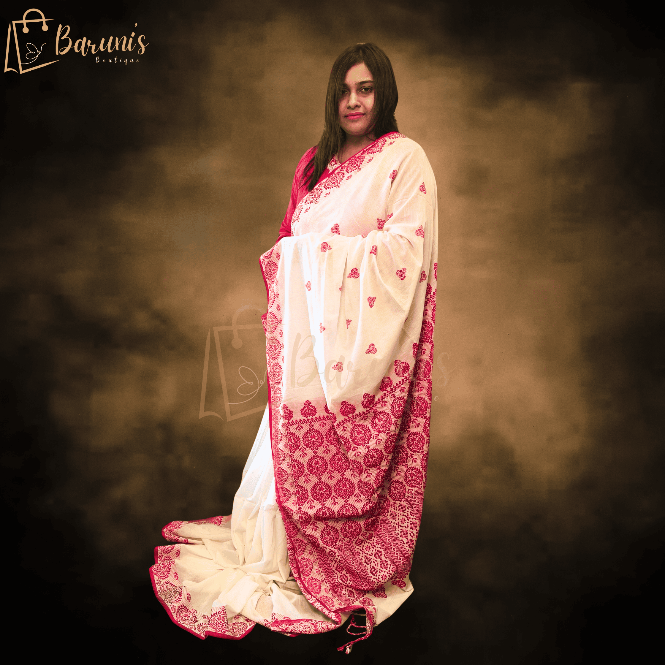 Handcrafted White and Pink Saree
