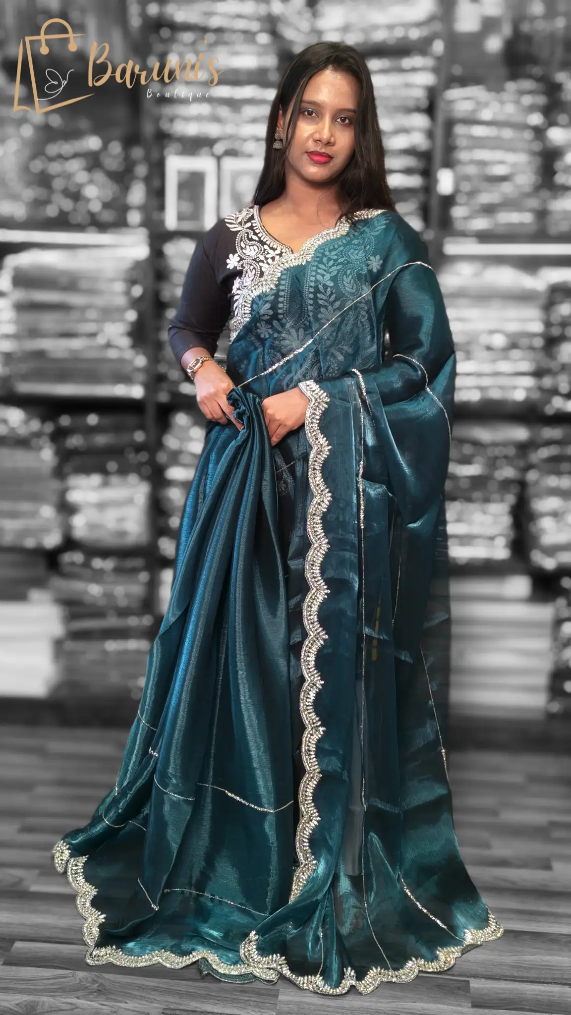 Elegant Satin Teal Saree