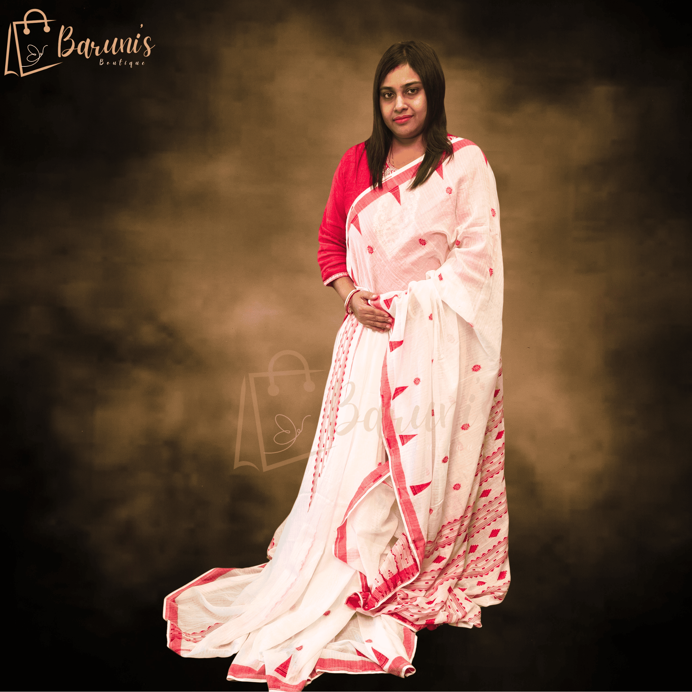 Handwoven White Saree with Red Motifs