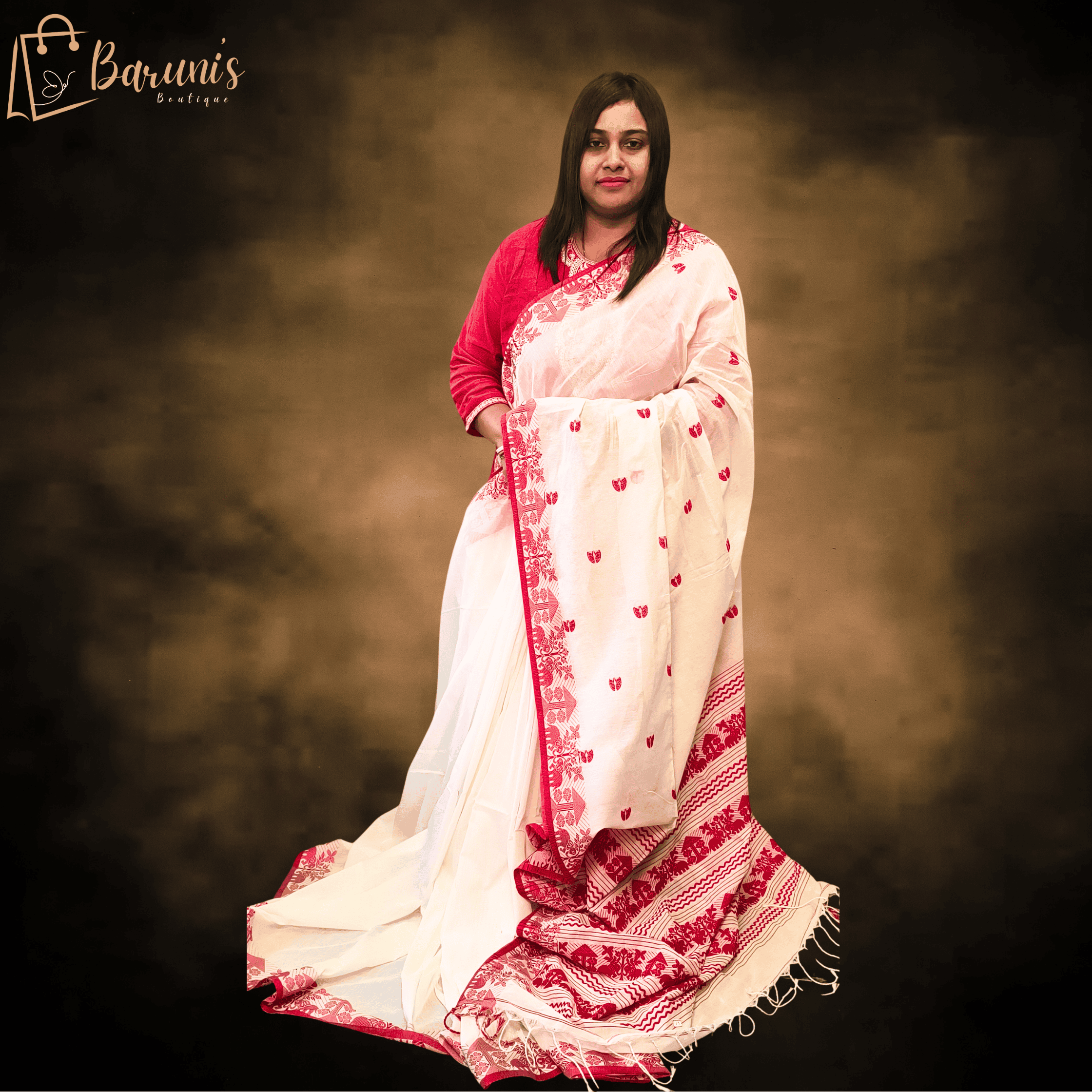 Elegant White and Red Saree