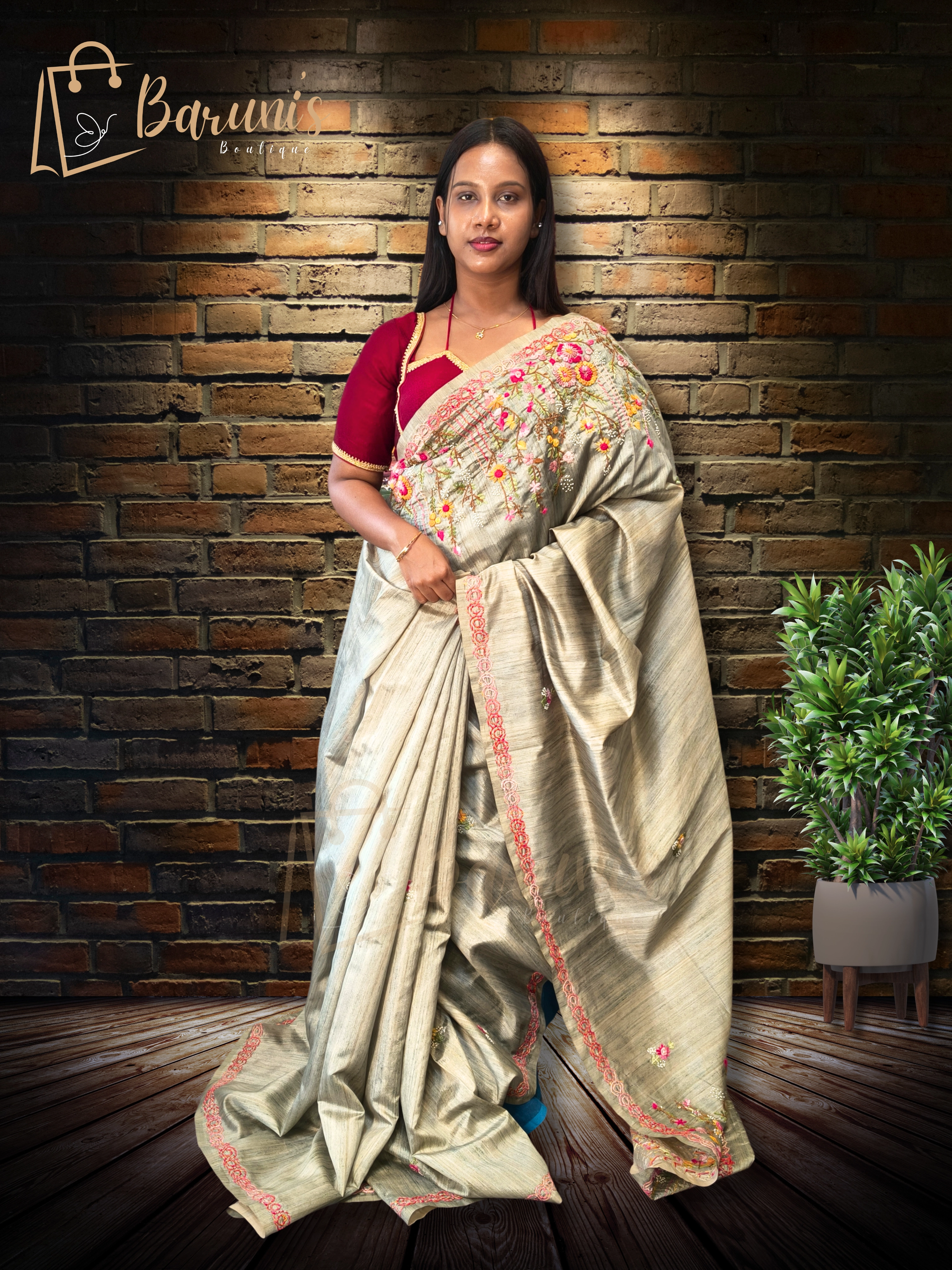 Premium Semi-Tussar Saree with Bullion & Geeth Handwork — Elegant Nougauge Border